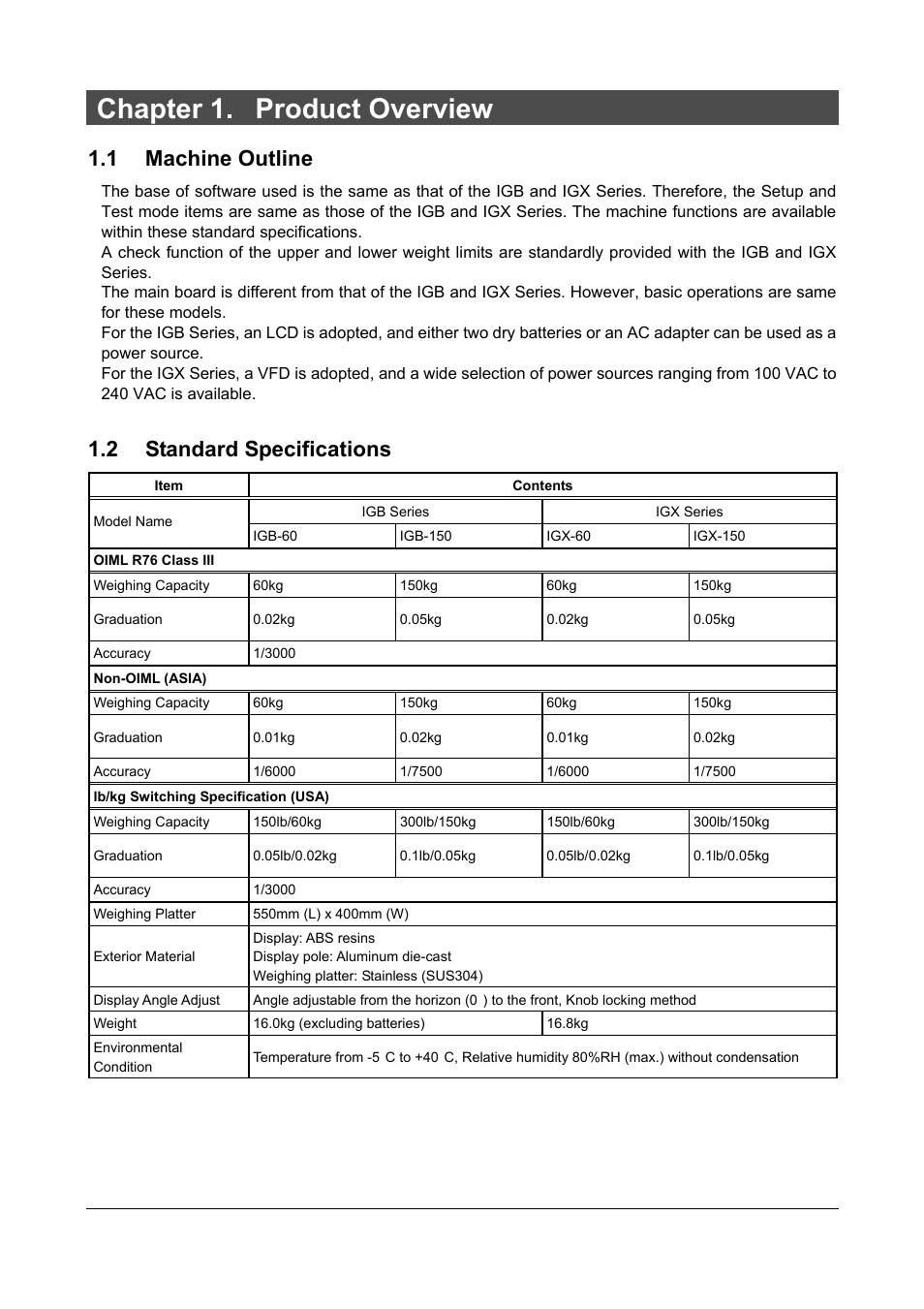 Chapter 1. product overview, 1 machine outline, 2 standard specifications | Rice Lake Ishida IGX & IGB Series - Service Manual User Manual | Page 4 / 47