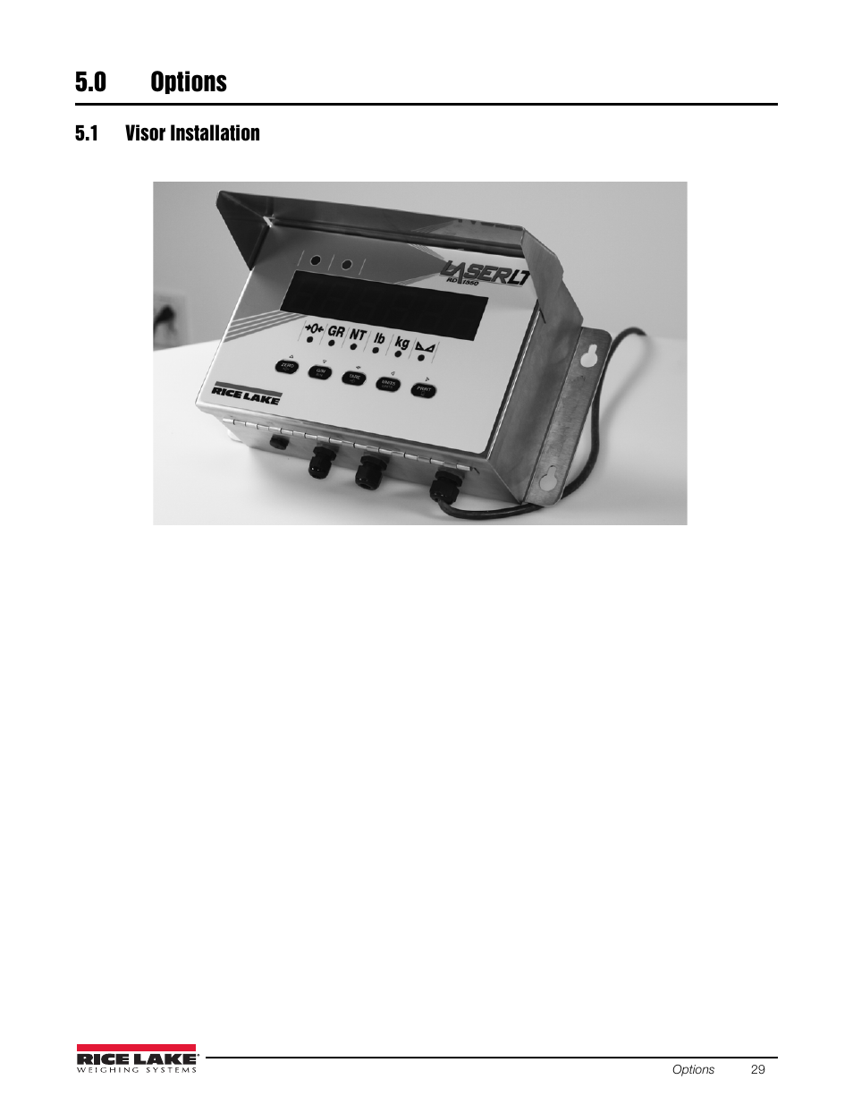 0 options, 1 visor installation, Options | Rice Lake Remote Displays/Scoreboards - Laser LT User Manual | Page 35 / 46