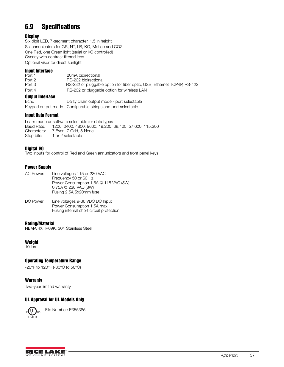 9 specifications | Rice Lake Remote Displays/Scoreboards - Laser LT User Manual | Page 43 / 46