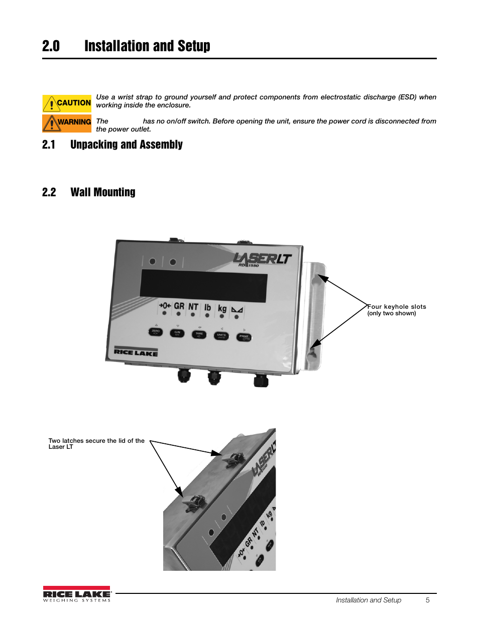 0 installation and setup, 1 unpacking and assembly, 2 wall mounting | Installation and setup, 1 unpacking and assembly 2.2 wall mounting | Rice Lake Remote Displays/Scoreboards - Laser LT User Manual | Page 9 / 46