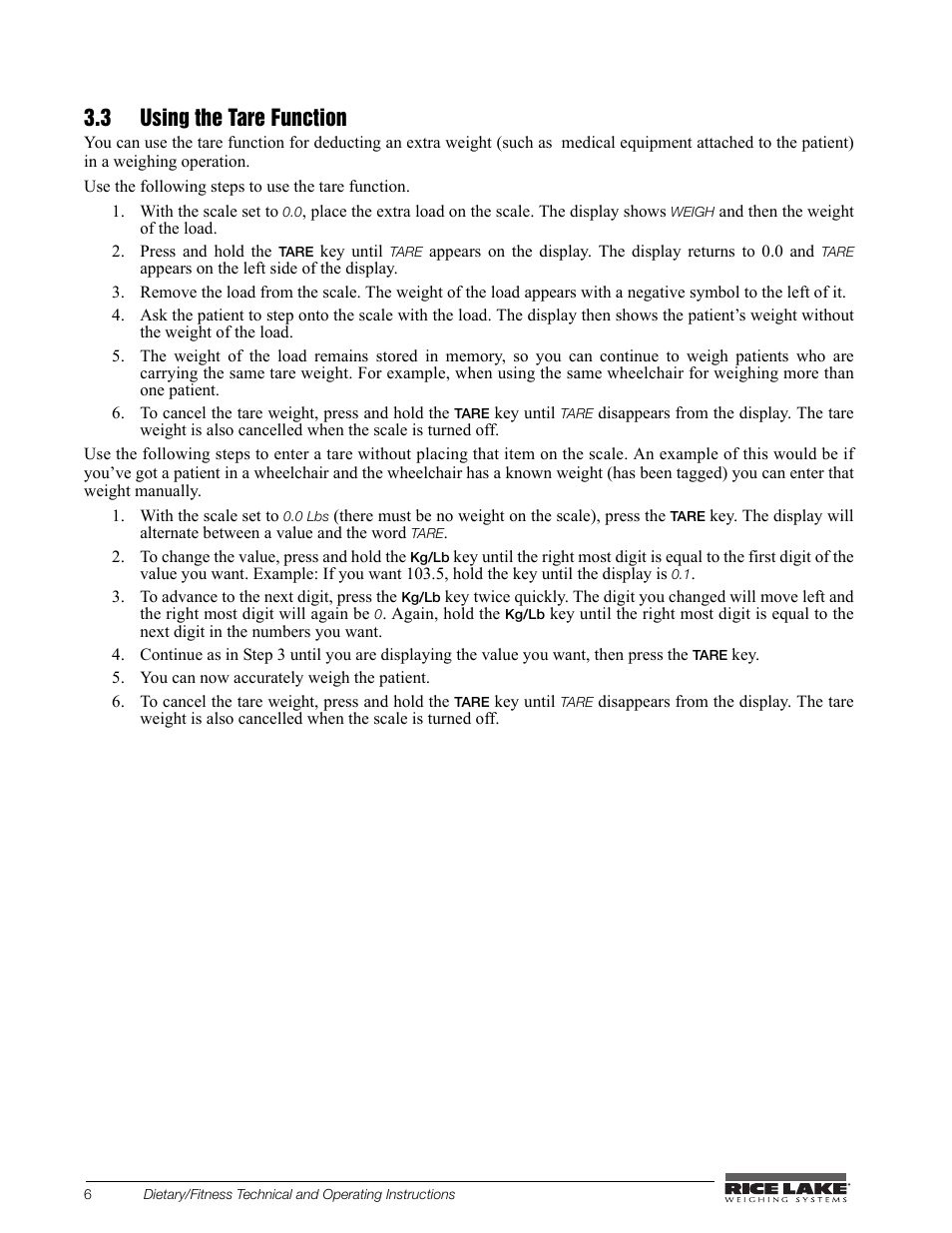 3 using the tare function | Rice Lake Legal For Trade Platform/Fitness Scale - Rice Lake Dietary Fitness Scale Technical and Operating Instructions User Manual | Page 10 / 34