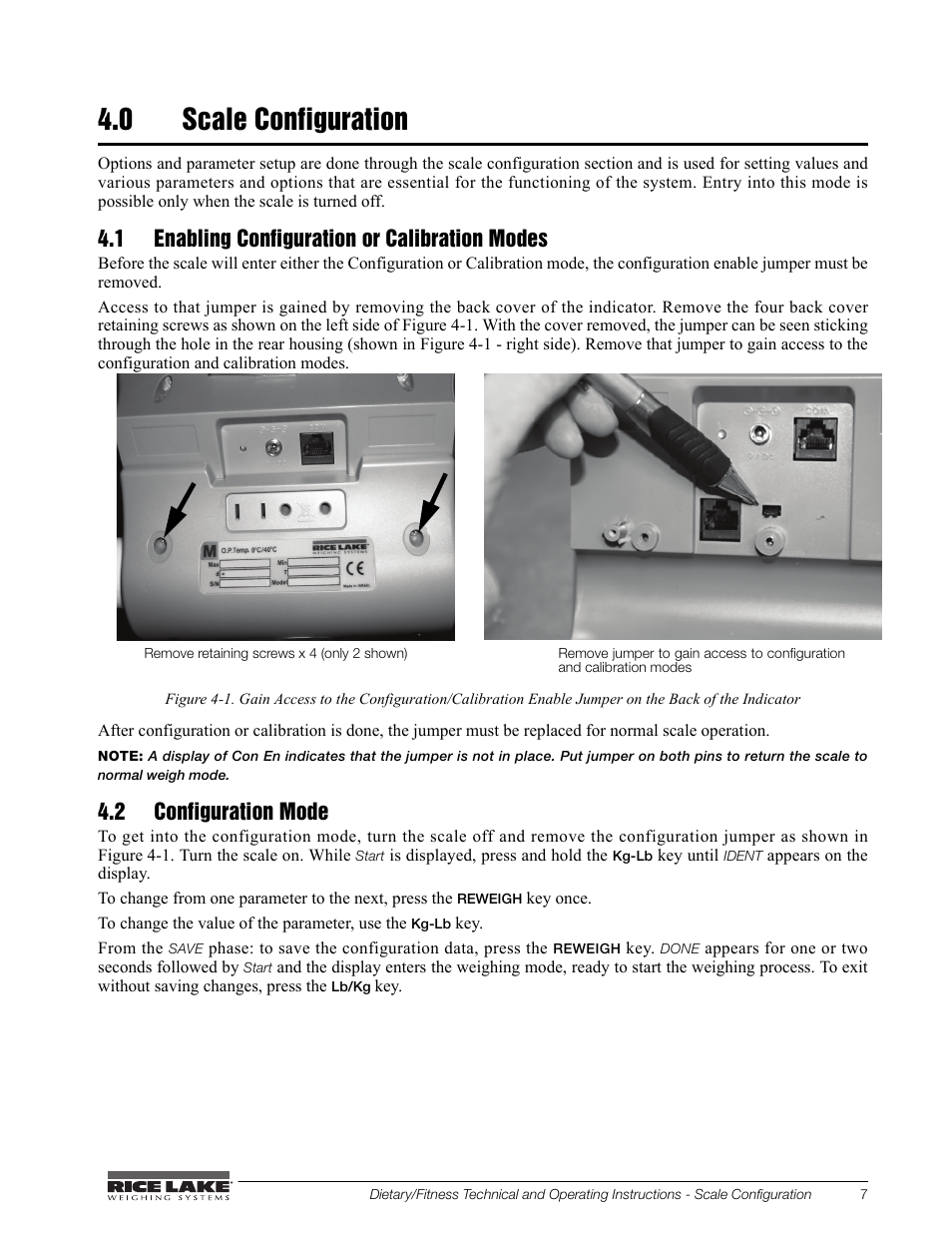 0 scale configuration, 1 enabling configuration or calibration modes, 2 configuration mode | Rice Lake Legal For Trade Platform/Fitness Scale - Rice Lake Dietary Fitness Scale Technical and Operating Instructions User Manual | Page 11 / 34