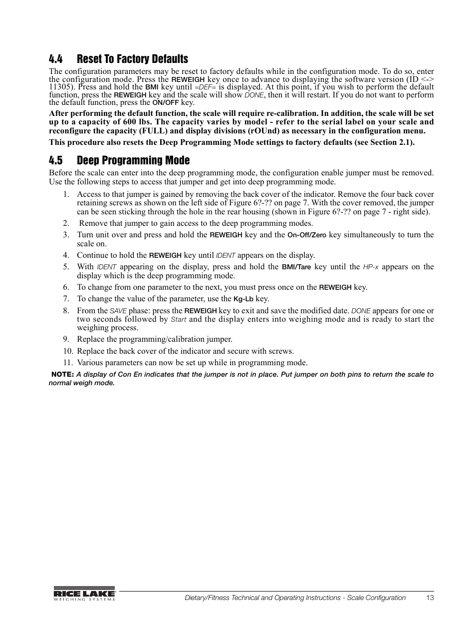 4 reset to factory defaults, 5 deep programming mode | Rice Lake Legal For Trade Platform/Fitness Scale - Rice Lake Dietary Fitness Scale Technical and Operating Instructions User Manual | Page 17 / 34