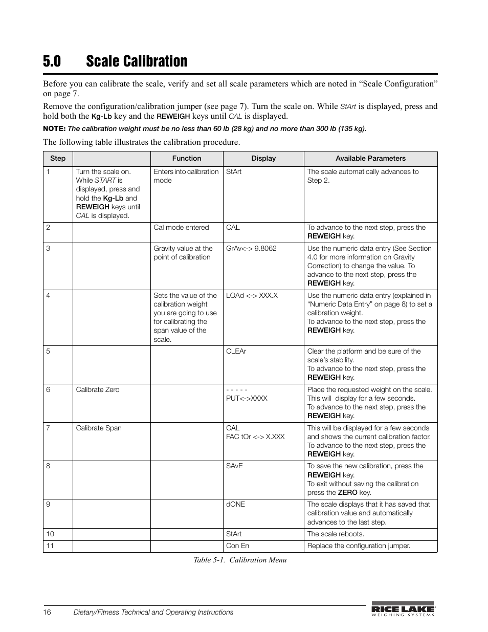 0 scale calibration | Rice Lake Legal For Trade Platform/Fitness Scale - Rice Lake Dietary Fitness Scale Technical and Operating Instructions User Manual | Page 20 / 34