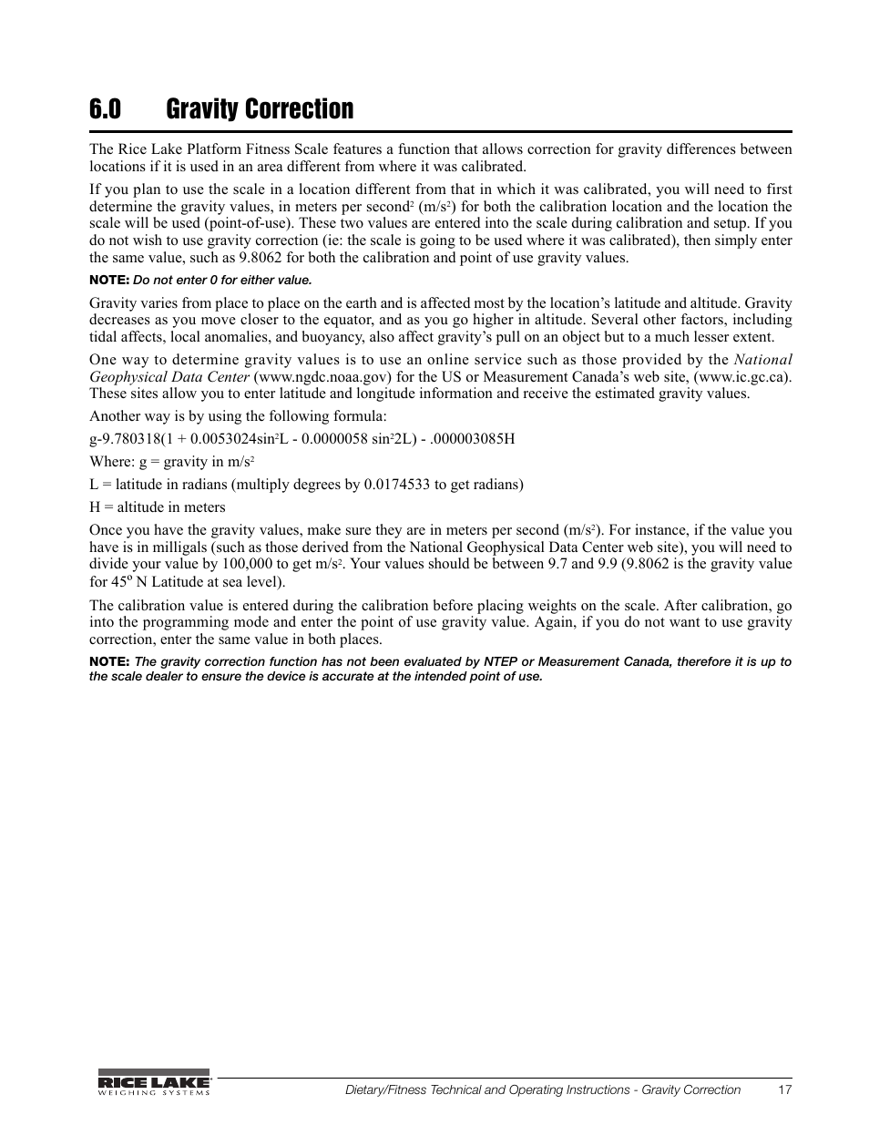 0 gravity correction | Rice Lake Legal For Trade Platform/Fitness Scale - Rice Lake Dietary Fitness Scale Technical and Operating Instructions User Manual | Page 21 / 34