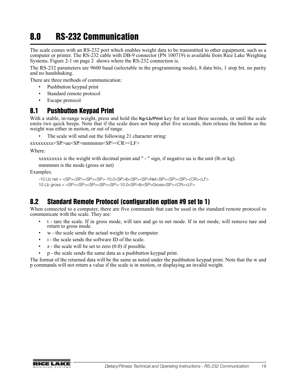 0 rs-232 communication, 1 pushbutton keypad print | Rice Lake Legal For Trade Platform/Fitness Scale - Rice Lake Dietary Fitness Scale Technical and Operating Instructions User Manual | Page 23 / 34