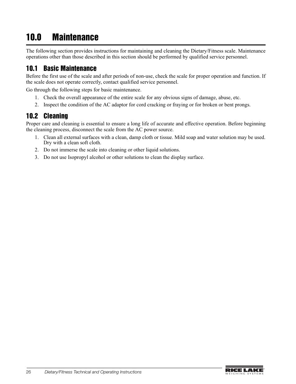 0 maintenance, 1 basic maintenance, 2 cleaning | Rice Lake Legal For Trade Platform/Fitness Scale - Rice Lake Dietary Fitness Scale Technical and Operating Instructions User Manual | Page 30 / 34