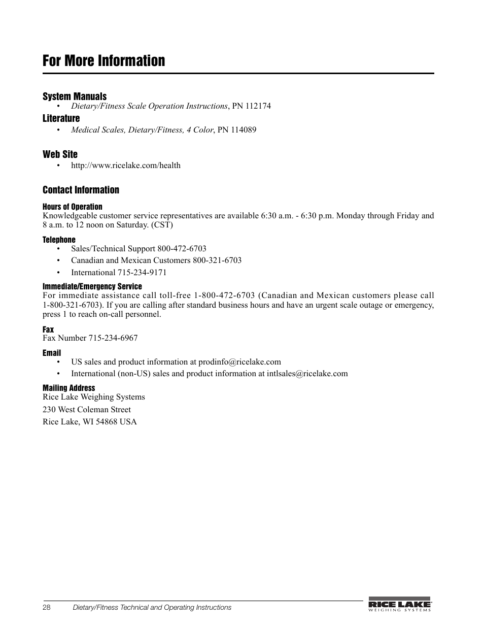 For more information | Rice Lake Legal For Trade Platform/Fitness Scale - Rice Lake Dietary Fitness Scale Technical and Operating Instructions User Manual | Page 32 / 34