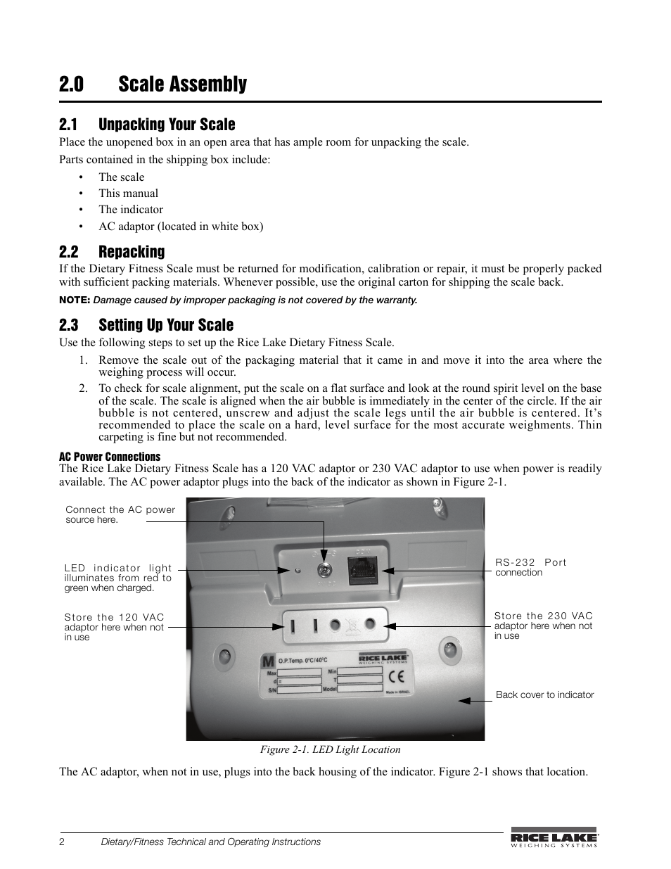 0 scale assembly, 1 unpacking your scale, 2 repacking | 3 setting up your scale | Rice Lake Legal For Trade Platform/Fitness Scale - Rice Lake Dietary Fitness Scale Technical and Operating Instructions User Manual | Page 6 / 34