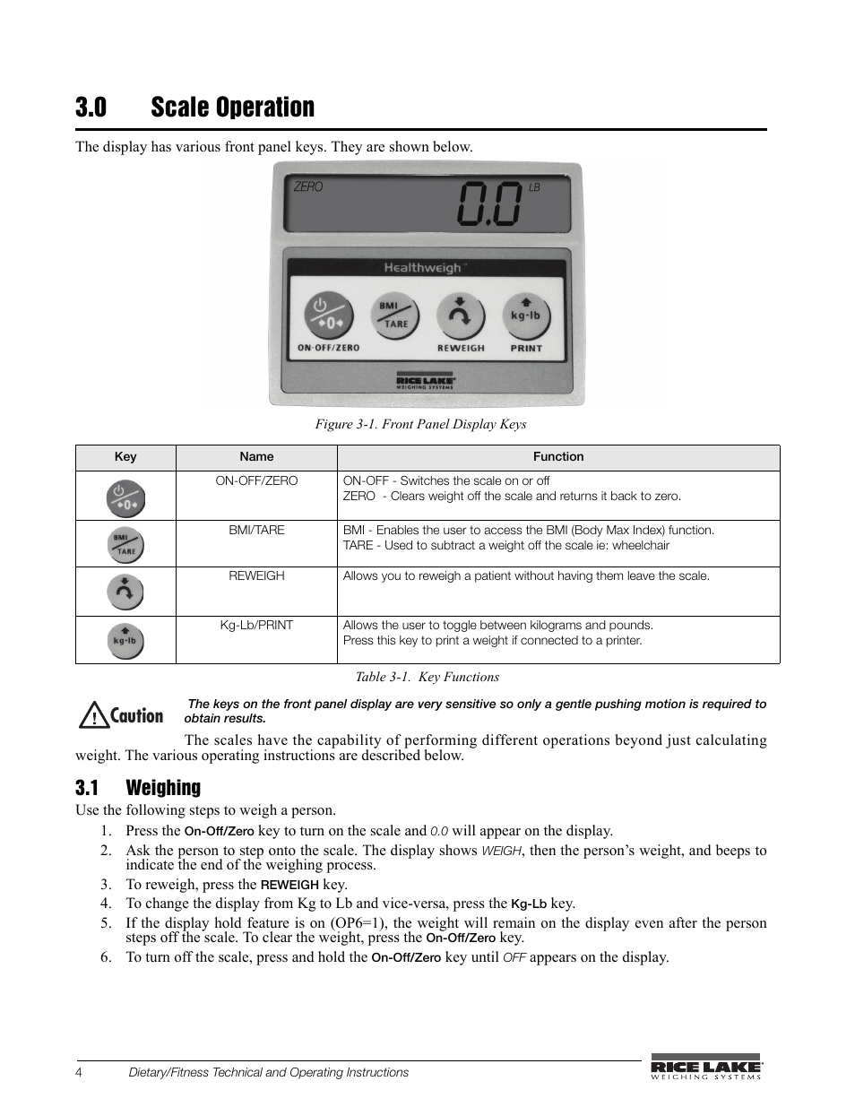 0 scale operation, 1 weighing, Aution | Rice Lake Legal For Trade Platform/Fitness Scale - Rice Lake Dietary Fitness Scale Technical and Operating Instructions User Manual | Page 8 / 34