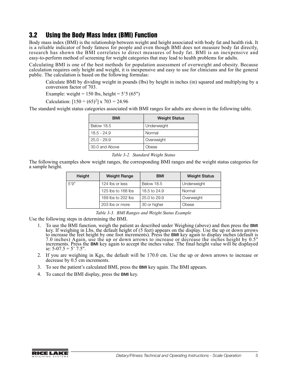 2 using the body mass index (bmi) function | Rice Lake Legal For Trade Platform/Fitness Scale - Rice Lake Dietary Fitness Scale Technical and Operating Instructions User Manual | Page 9 / 34