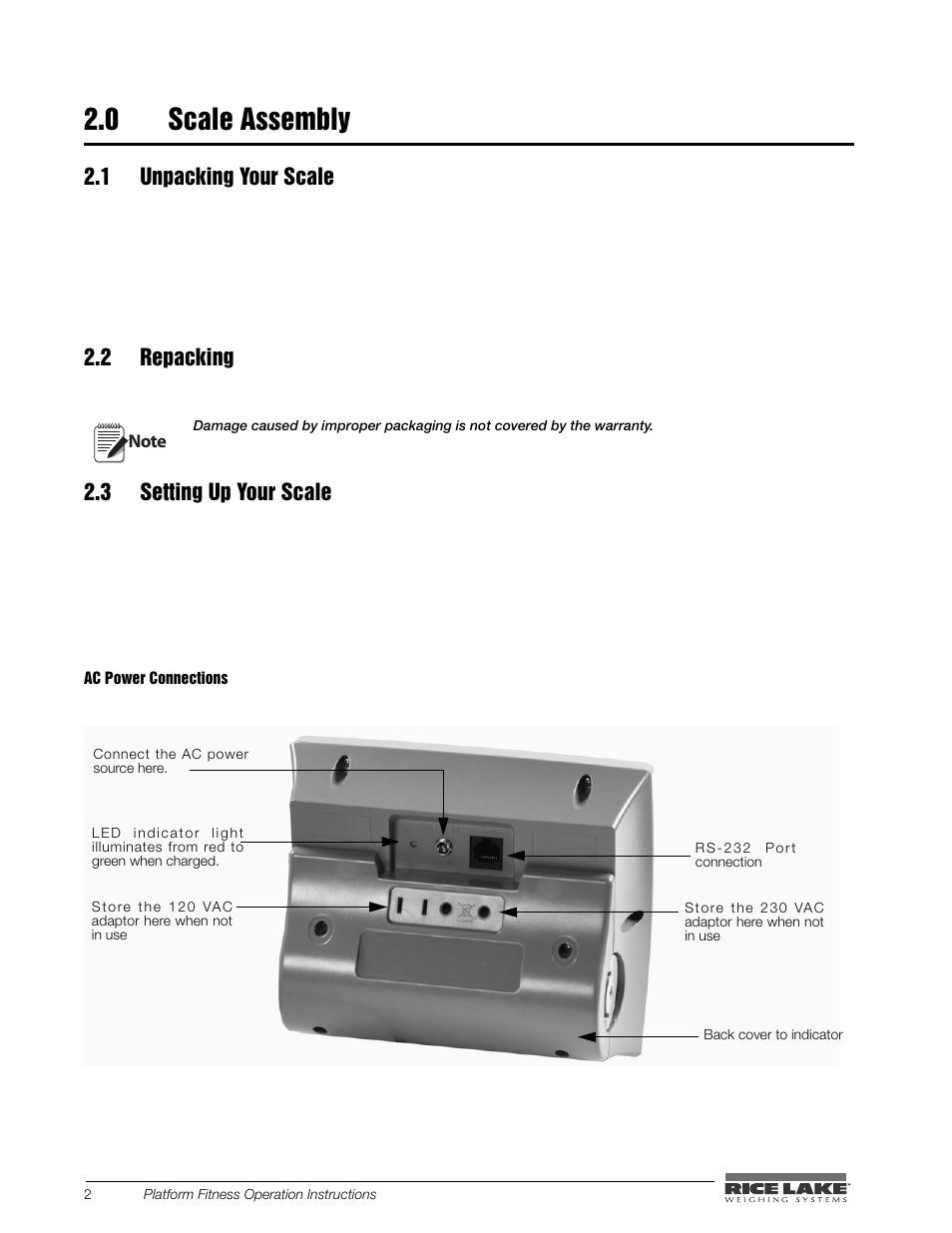 0 scale assembly, 1 unpacking your scale, 2 repacking | 3 setting up your scale | Rice Lake Legal For Trade Platform/Fitness Scale - Rice Lake Dietary Fitness Scale Operating Instructions User Manual | Page 6 / 16