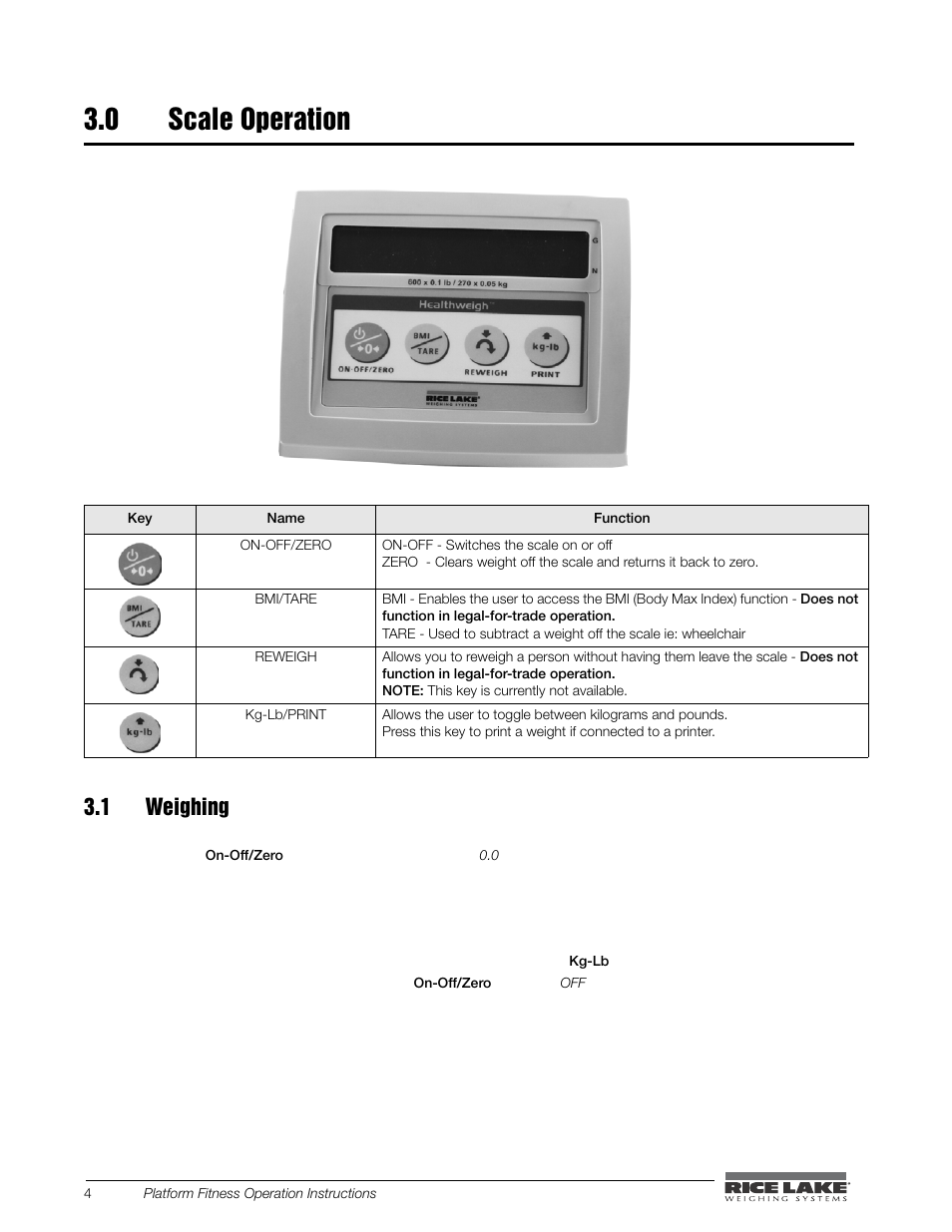 0 scale operation, 1 weighing | Rice Lake Legal For Trade Platform/Fitness Scale - Rice Lake Dietary Fitness Scale Operating Instructions User Manual | Page 8 / 16