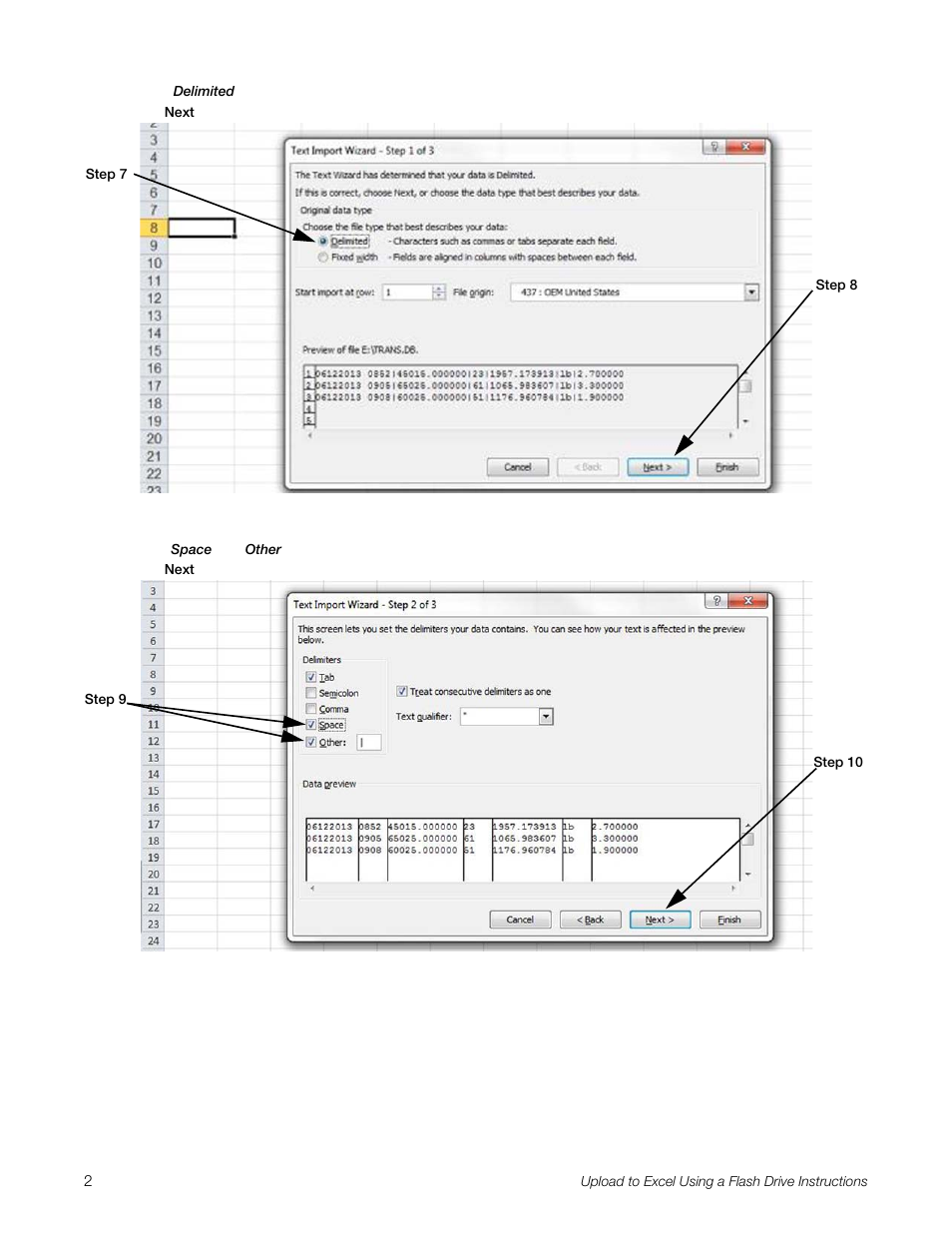 Select delimited, Click next, Figure 3. text import wizard – step 1 | Figure 4. text import wizard – step 2 | Rice Lake Livestock Solutions - 920i Weighcenter Addendum - Upload to Excel using a Flash Drive User Manual | Page 2 / 4