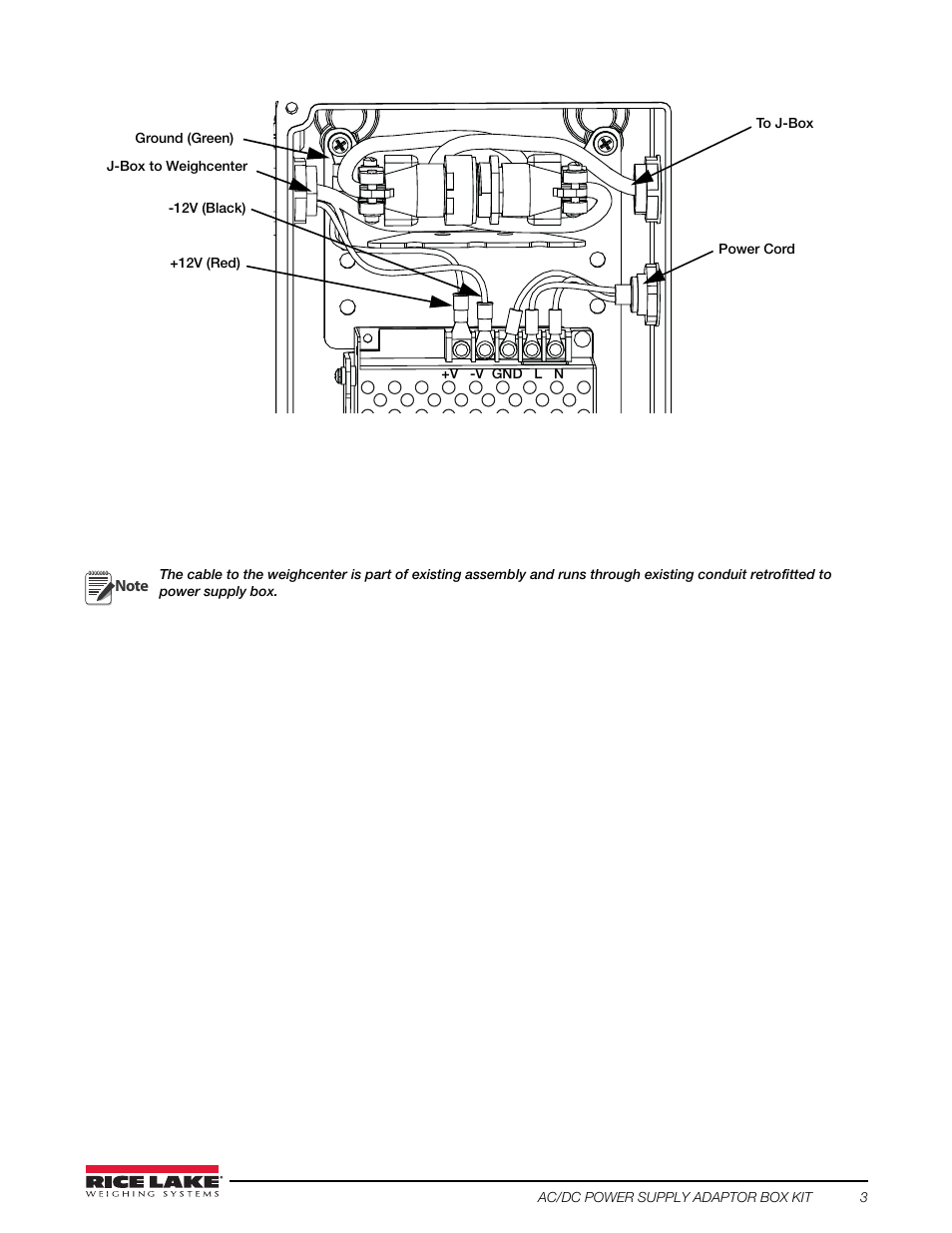 Figure 5. power supply connections, Reconnect the cable to the weighcenter, Disconnect the cable from the j-box | Reconnect the j-box cable to the j-box | Rice Lake Livestock Solutions - AC/DC Power Supply Adapter Box Kit User Manual | Page 3 / 4