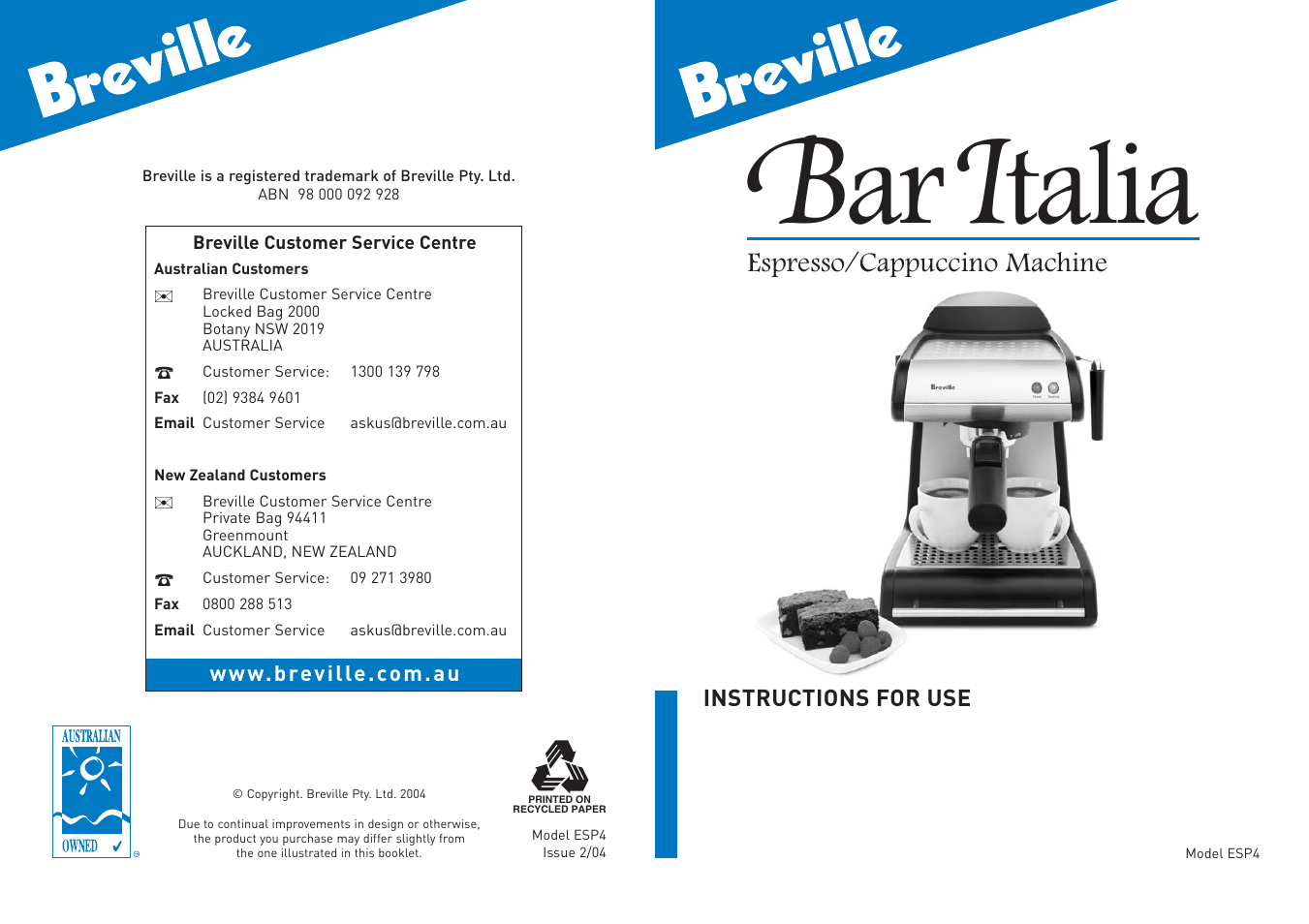 Breville ESP4 User Manual | 8 pages