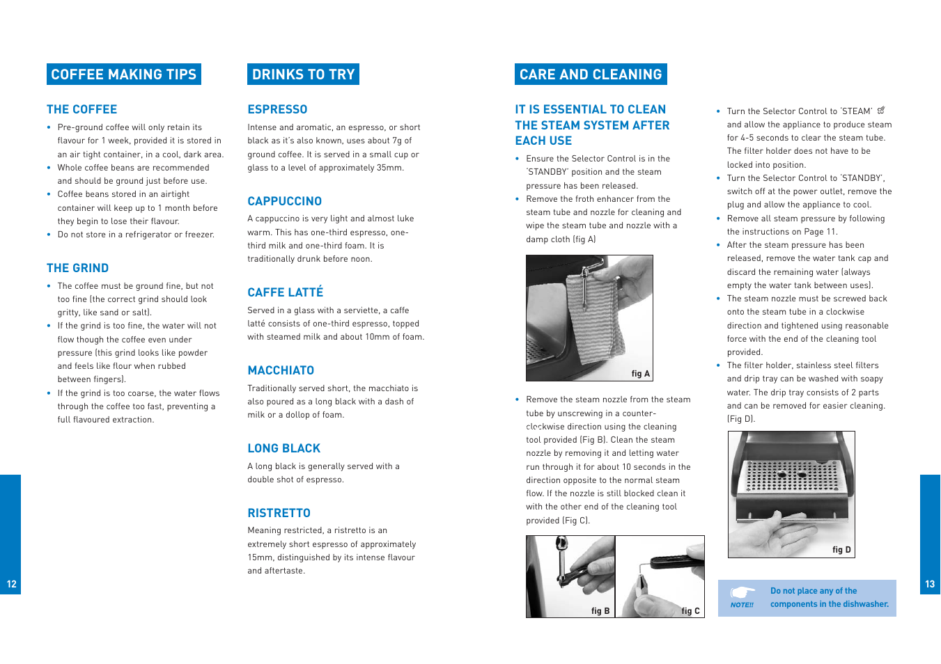 Coffee making tips, Care and cleaning, Drinks to try | Breville ESP4 User Manual | Page 7 / 8
