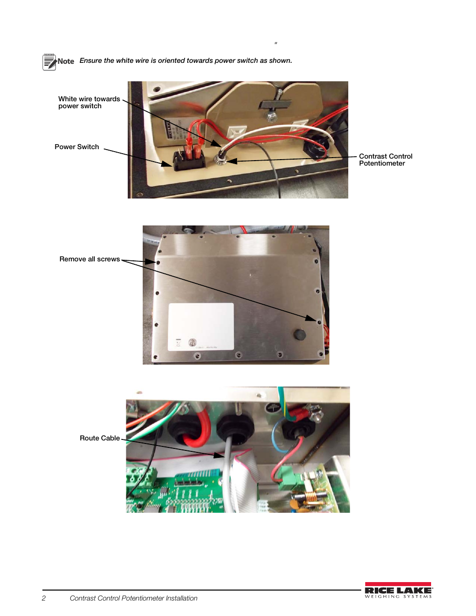 Figure 4. install contrast control potentiometer, Figure 5. remove indicator back plate, Route the 8-pin connector cable through cord grip | Figure 6. route wiring through cord grip | Rice Lake Livestock Solutions - Contrast Control Installation for 920i Weighcenter User Manual | Page 2 / 4