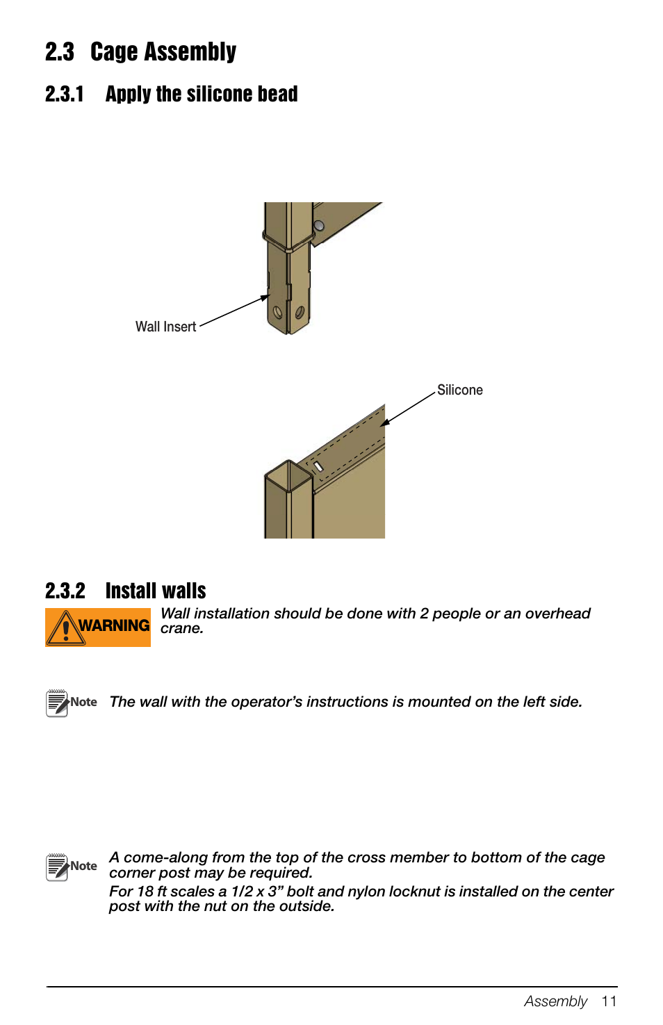 3 cage assembly, 1 apply the silicone bead, 2 install walls | Apply the silicone bead, Install walls | Rice Lake Mobile Group Animal Scale - MAS-M - Operators Manual User Manual | Page 15 / 48