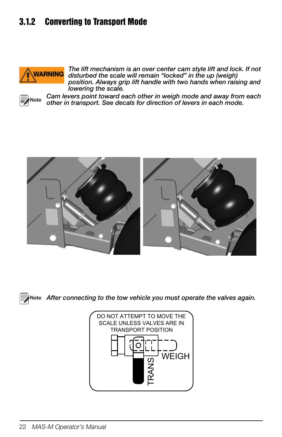 2 converting to transport mode, Converting to transport mode, Weigh tr a n s | Rice Lake Mobile Group Animal Scale - MAS-M - Operators Manual User Manual | Page 26 / 48