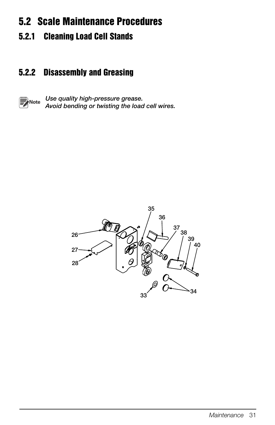 2 scale maintenance procedures, 1 cleaning load cell stands, 2 disassembly and greasing | Cleaning load cell stands, Disassembly and greasing | Rice Lake Mobile Group Animal Scale - MAS-M - Operators Manual User Manual | Page 35 / 48