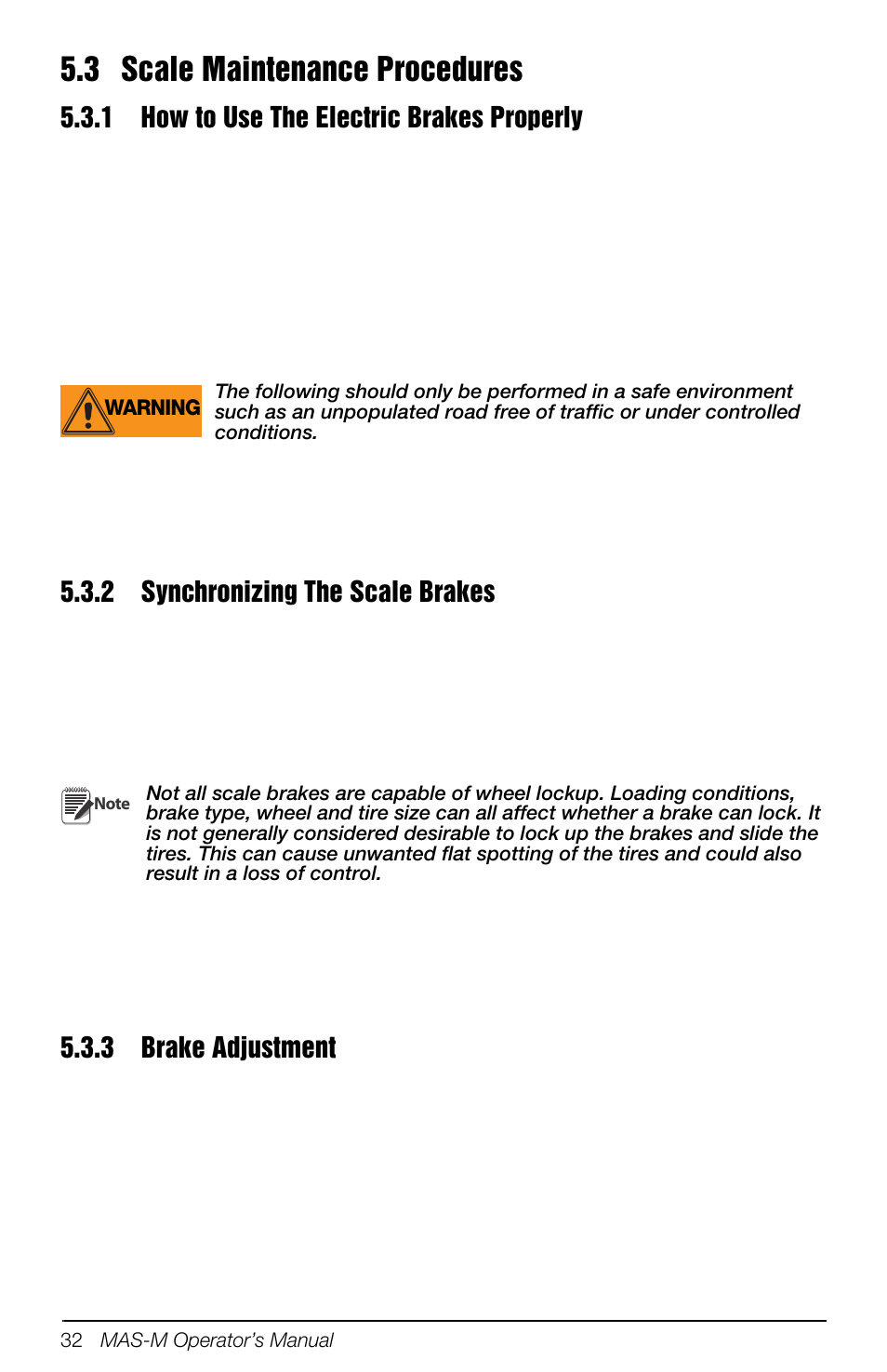 3 scale maintenance procedures, 1 how to use the electric brakes properly, 2 synchronizing the scale brakes | 3 brake adjustment, How to use the electric brakes properly, Synchronizing the scale brakes, Brake adjustment | Rice Lake Mobile Group Animal Scale - MAS-M - Operators Manual User Manual | Page 36 / 48