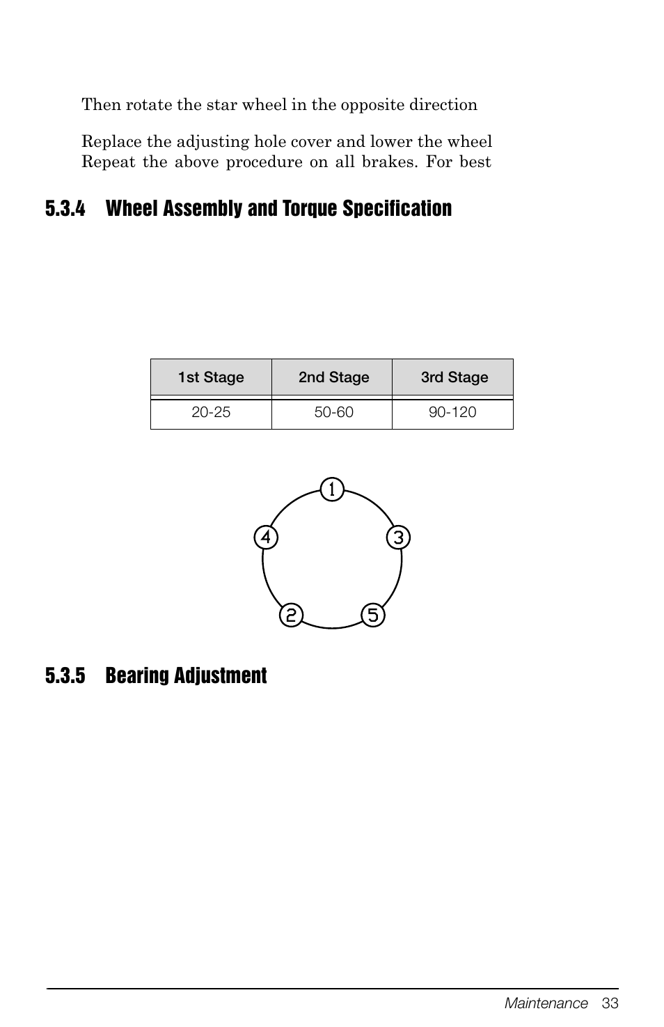 4 wheel assembly and torque specification, 5 bearing adjustment, Wheel assembly and torque specification | Bearing adjustment | Rice Lake Mobile Group Animal Scale - MAS-M - Operators Manual User Manual | Page 37 / 48