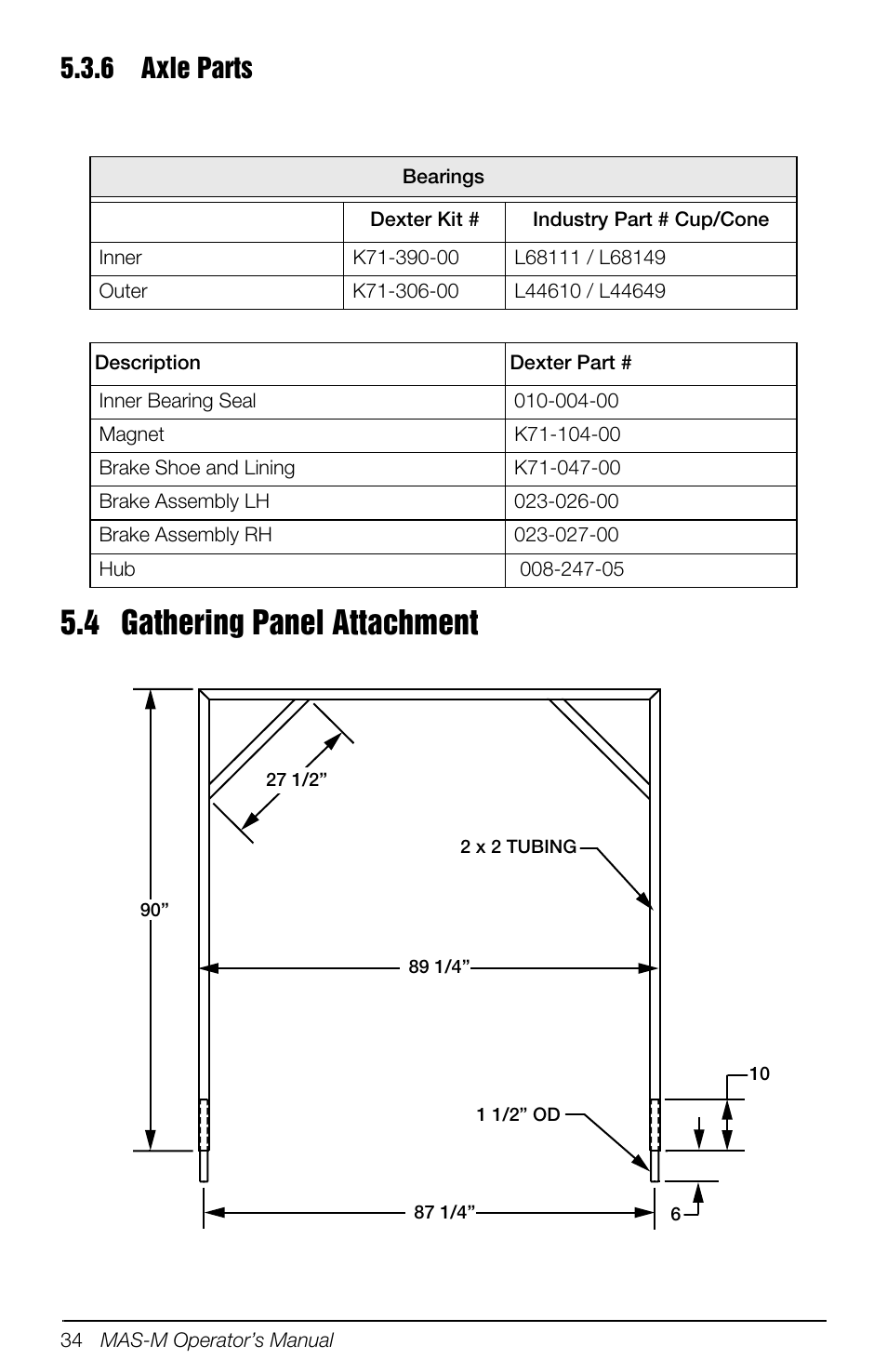 6 axle parts, 4 gathering panel attachment, Axle parts | Rice Lake Mobile Group Animal Scale - MAS-M - Operators Manual User Manual | Page 38 / 48