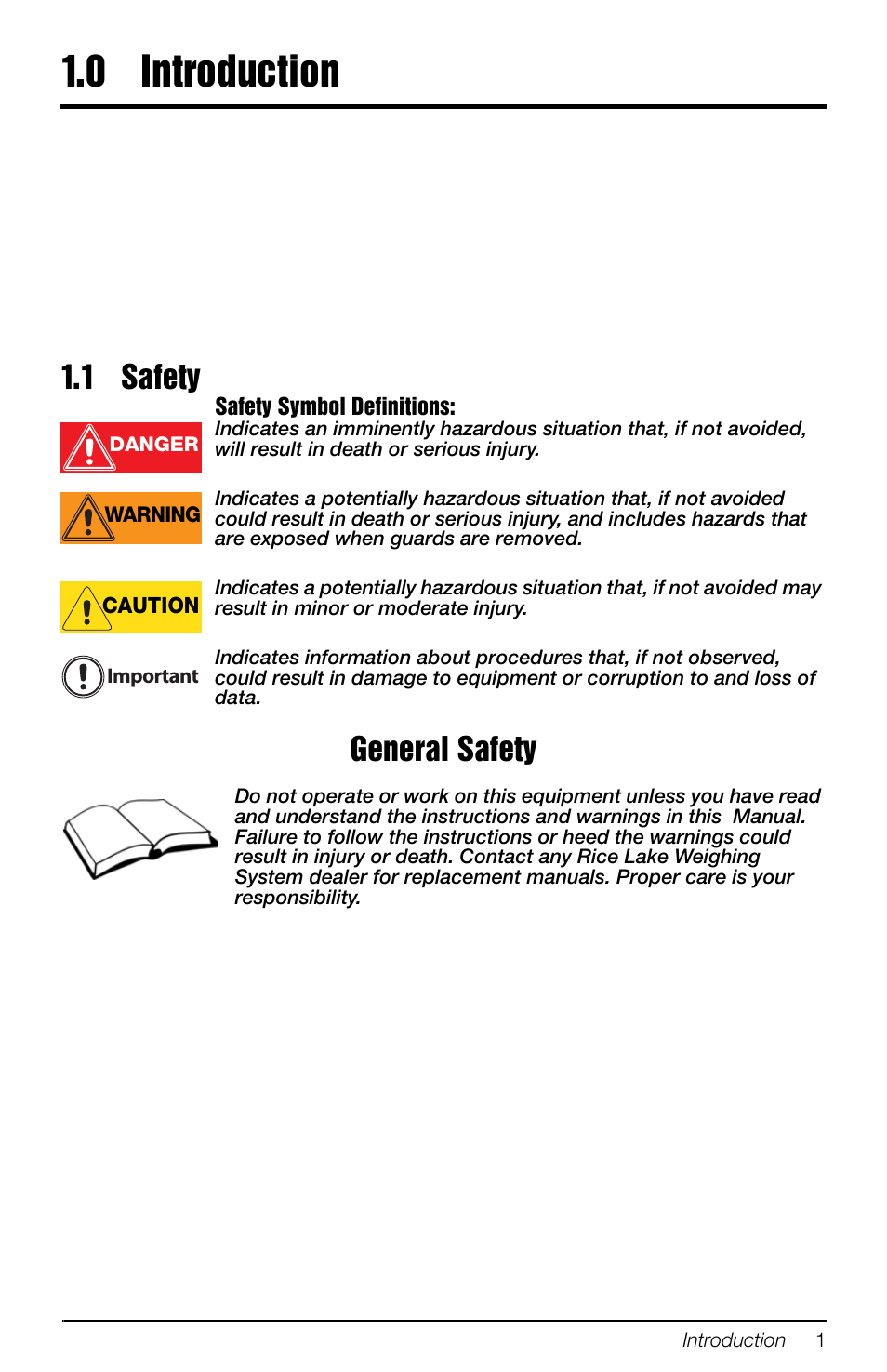 0 introduction, 1 safety, Introduction | General safety | Rice Lake Mobile Group Animal Scale - MAS-M - Operators Manual User Manual | Page 5 / 48