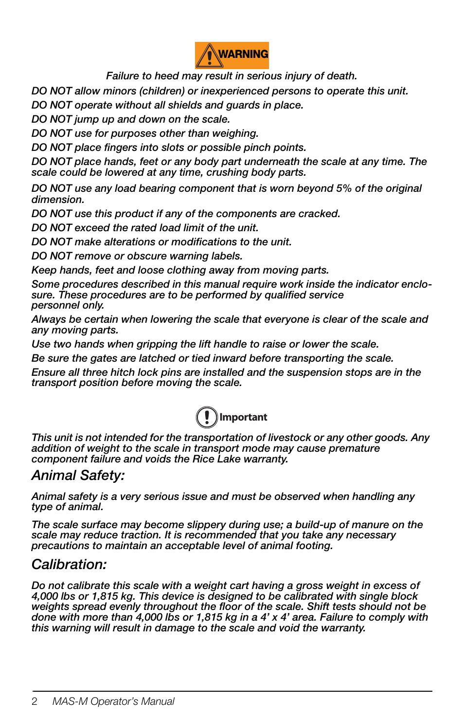 Animal safety, Calibration | Rice Lake Mobile Group Animal Scale - MAS-M - Operators Manual User Manual | Page 6 / 48