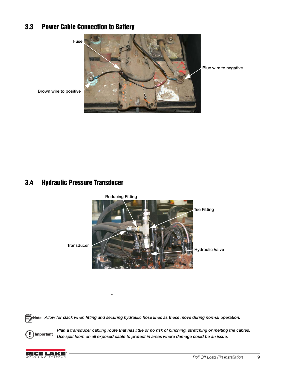 3 power cable connection to battery, 4 hydraulic pressure transducer | Rice Lake Loadrunner Dump Truck Systems Kit User Manual | Page 13 / 29