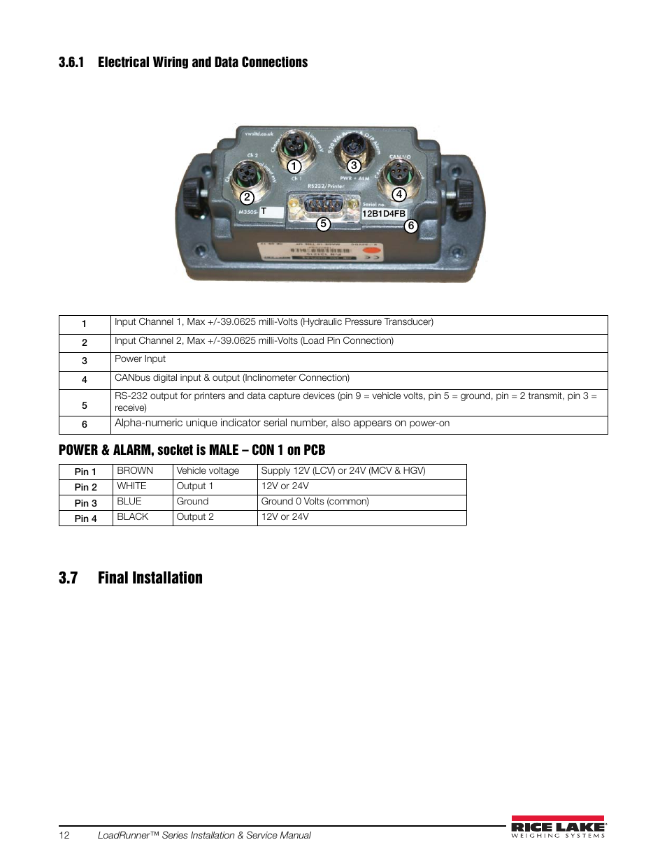 1 electrical wiring and data connections, 7 final installation, Electrical wiring and data connections | Rice Lake Loadrunner Dump Truck Systems Kit User Manual | Page 16 / 29