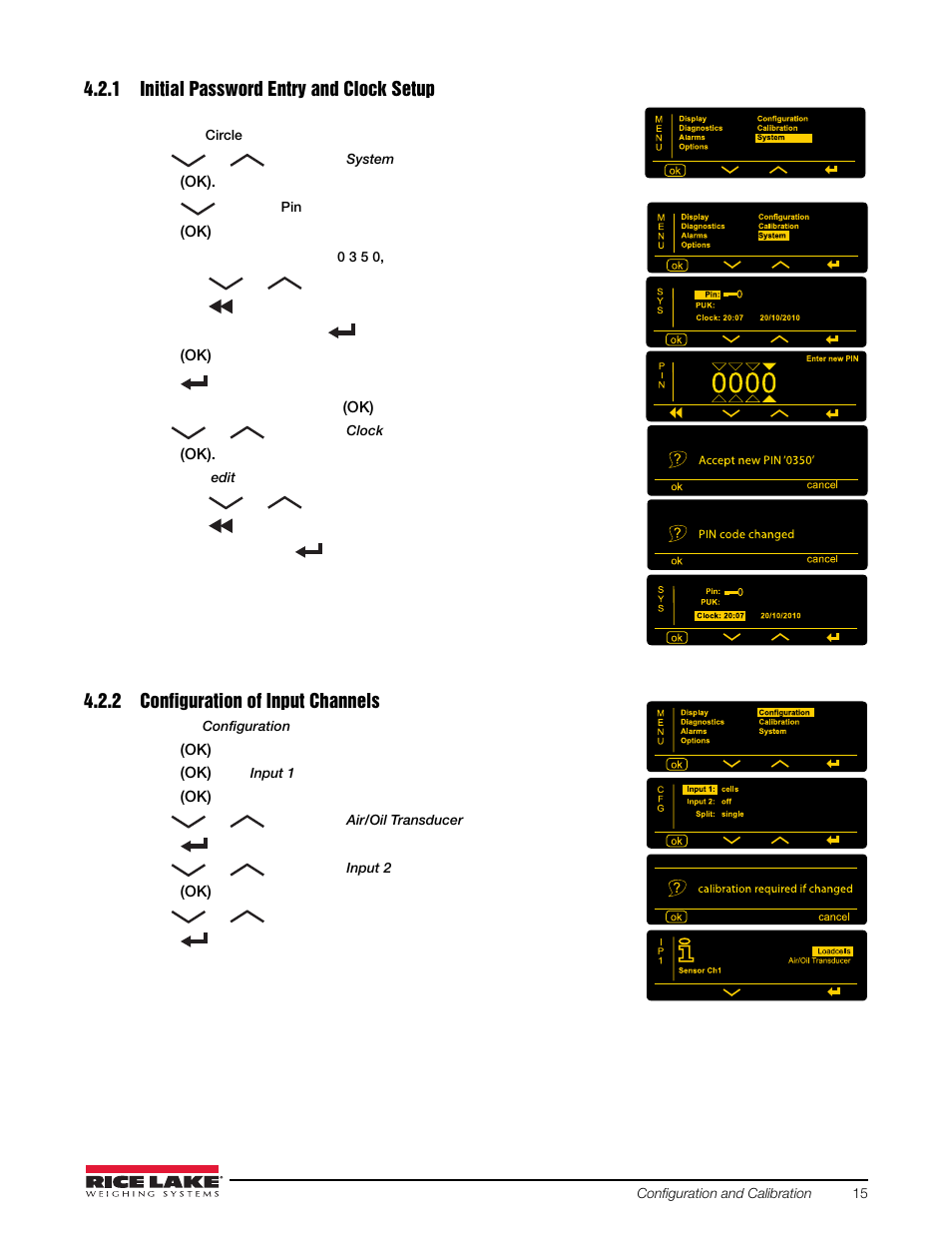 1 initial password entry and clock setup, 2 configuration of input channels, Initial password entry and clock setup | Configuration of input channels | Rice Lake Loadrunner Dump Truck Systems Kit User Manual | Page 19 / 29