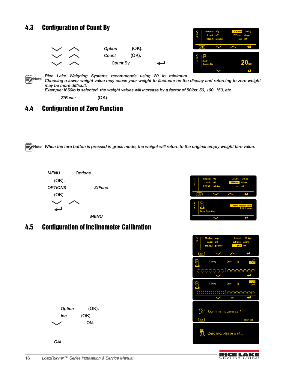 3 configuration of count by, 4 configuration of zero function, 5 configuration of inclinometer calibration | 5 configuration of, Inclinometer calibration | Rice Lake Loadrunner Dump Truck Systems Kit User Manual | Page 20 / 29