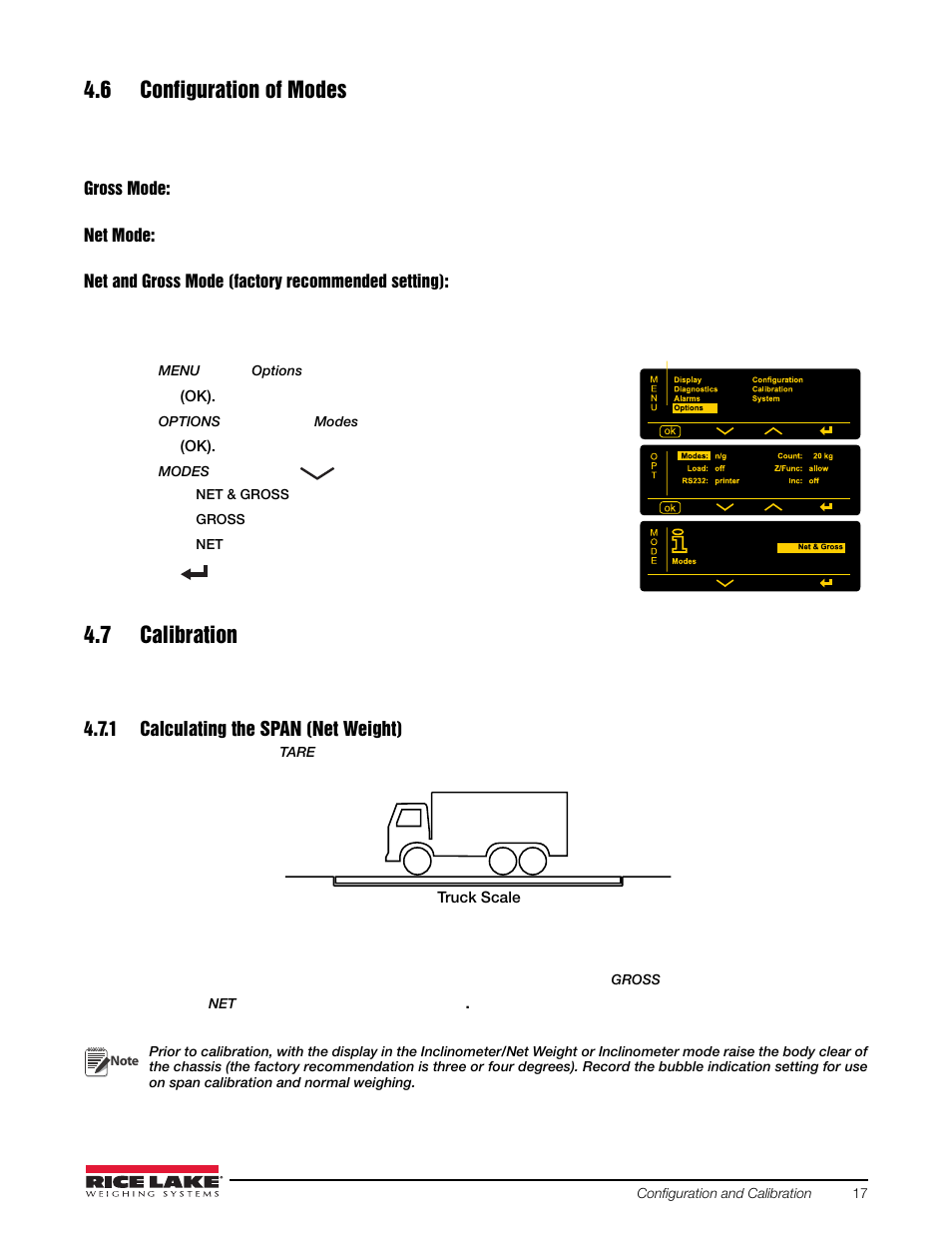 6 configuration of modes, 7 calibration, 1 calculating the span (net weight) | 6 configuration of modes 4.7 calibration, Calculating the span (net weight) | Rice Lake Loadrunner Dump Truck Systems Kit User Manual | Page 21 / 29