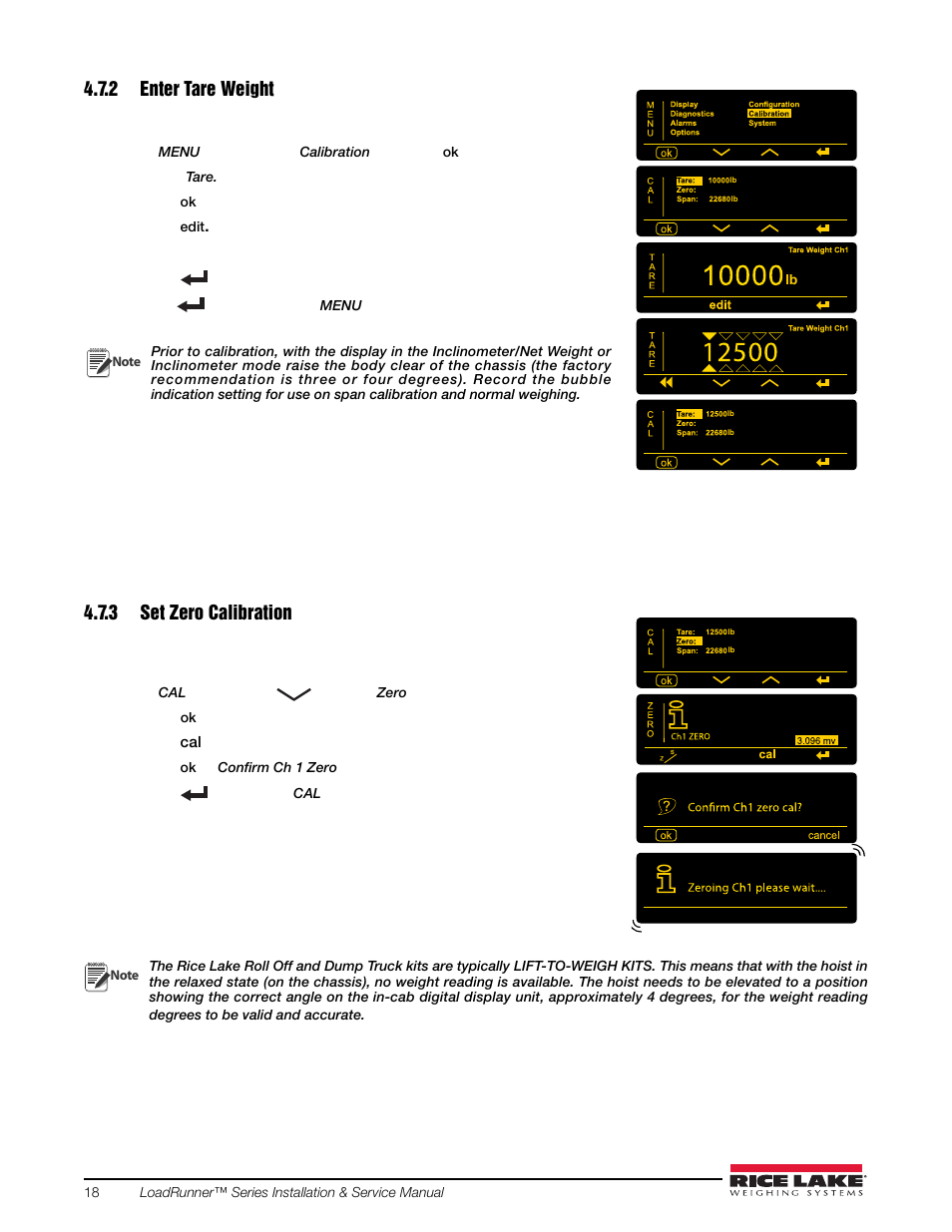 2 enter tare weight, 3 set zero calibration, Enter tare weight | Rice Lake Loadrunner Dump Truck Systems Kit User Manual | Page 22 / 29