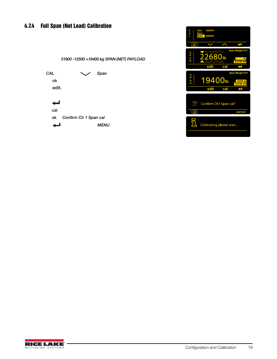 4 full span (net load) calibration | Rice Lake Loadrunner Dump Truck Systems Kit User Manual | Page 23 / 29