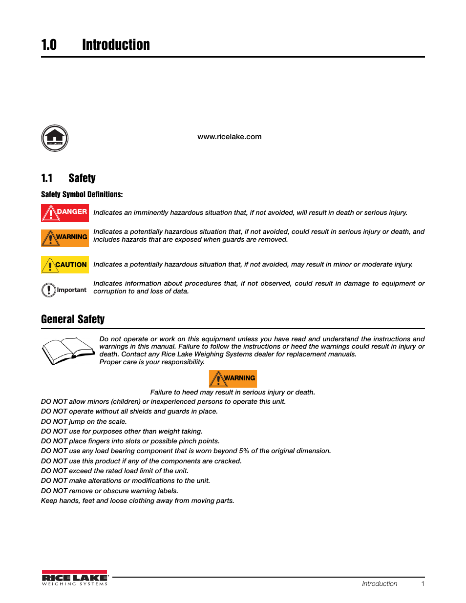 0 introduction, 1 safety, Introduction | General safety | Rice Lake Loadrunner Dump Truck Systems Kit User Manual | Page 5 / 29