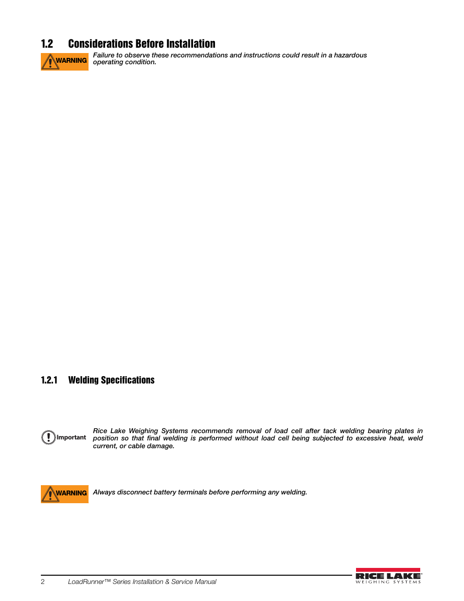 2 considerations before installation, 1 welding specifications, Welding specifications | Rice Lake Loadrunner Dump Truck Systems Kit User Manual | Page 6 / 29
