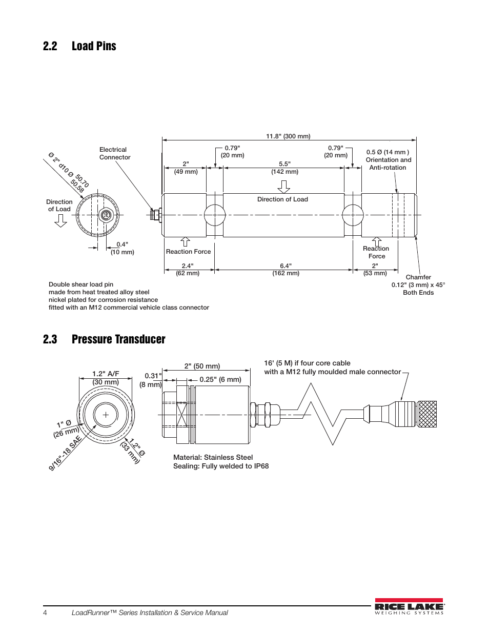 2 load pins, 3 pressure transducer, 2 load pins 2.3 pressure transducer | Rice Lake Loadrunner Dump Truck Systems Kit User Manual | Page 8 / 29