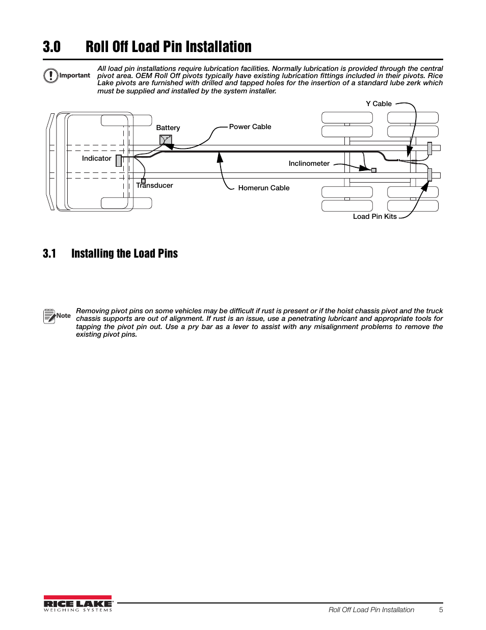 0 roll off load pin installation, 1 installing the load pins, Roll off load pin installation | Rice Lake Loadrunner Dump Truck Systems Kit User Manual | Page 9 / 29