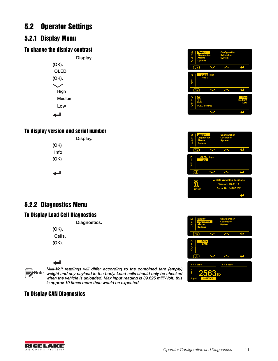 2 operator settings, 1 display menu, 2 diagnostics menu | 1 display menu 5.2.2 diagnostics menu | Rice Lake OB-350 Loadrunner Series Onboard Weight Indicator User Manual | Page 15 / 34