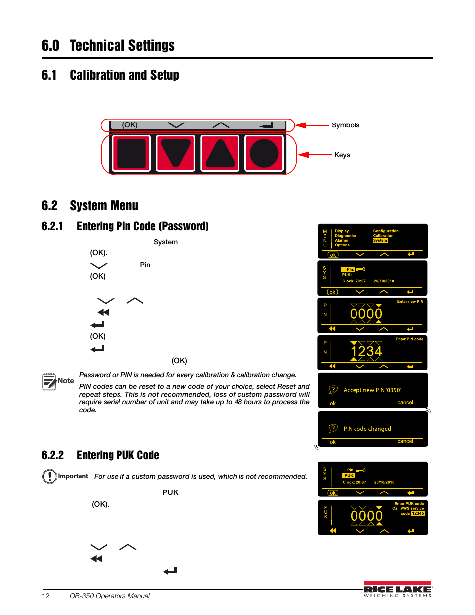 0 technical settings, 1 calibration and setup, 2 system menu | 1 entering pin code (password), 2 entering puk code, 1 calibration and setup 6.2 system menu | Rice Lake OB-350 Loadrunner Series Onboard Weight Indicator User Manual | Page 16 / 34