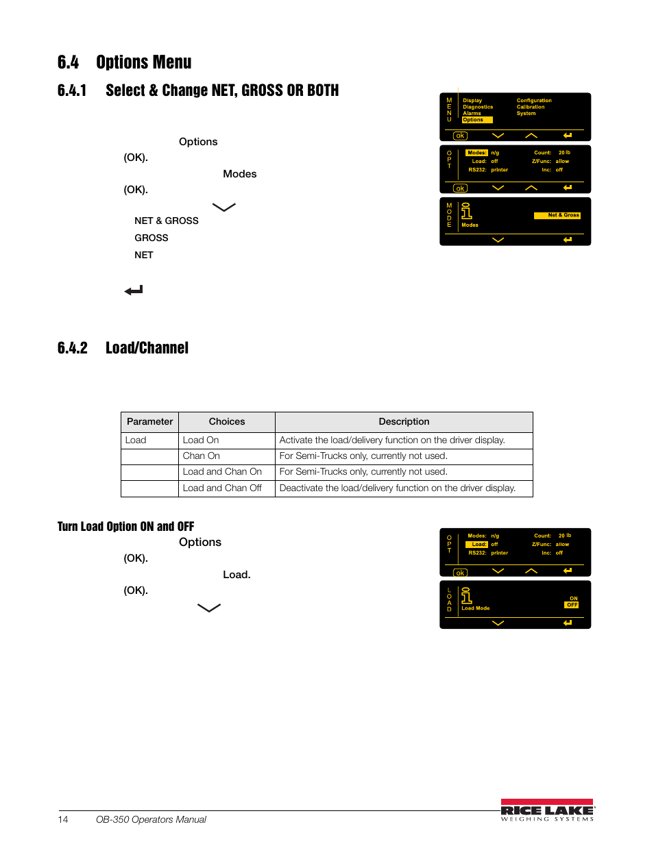 4 options menu, 1 select & change net, gross or both, 2 load/channel | Rice Lake OB-350 Loadrunner Series Onboard Weight Indicator User Manual | Page 18 / 34