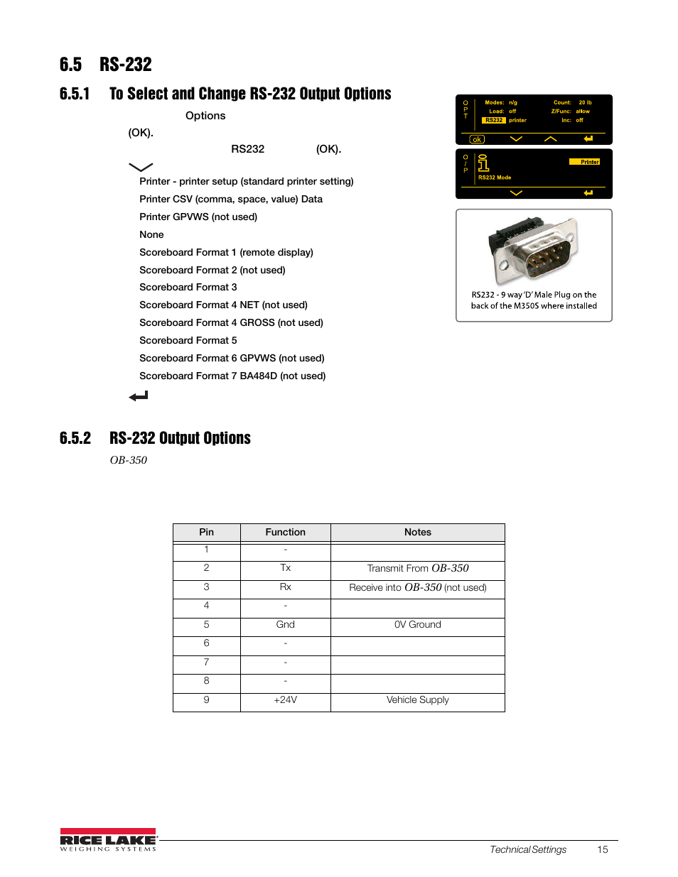 5 rs-232, 1 to select and change rs-232 output options, 2 rs-232 output options | Rice Lake OB-350 Loadrunner Series Onboard Weight Indicator User Manual | Page 19 / 34