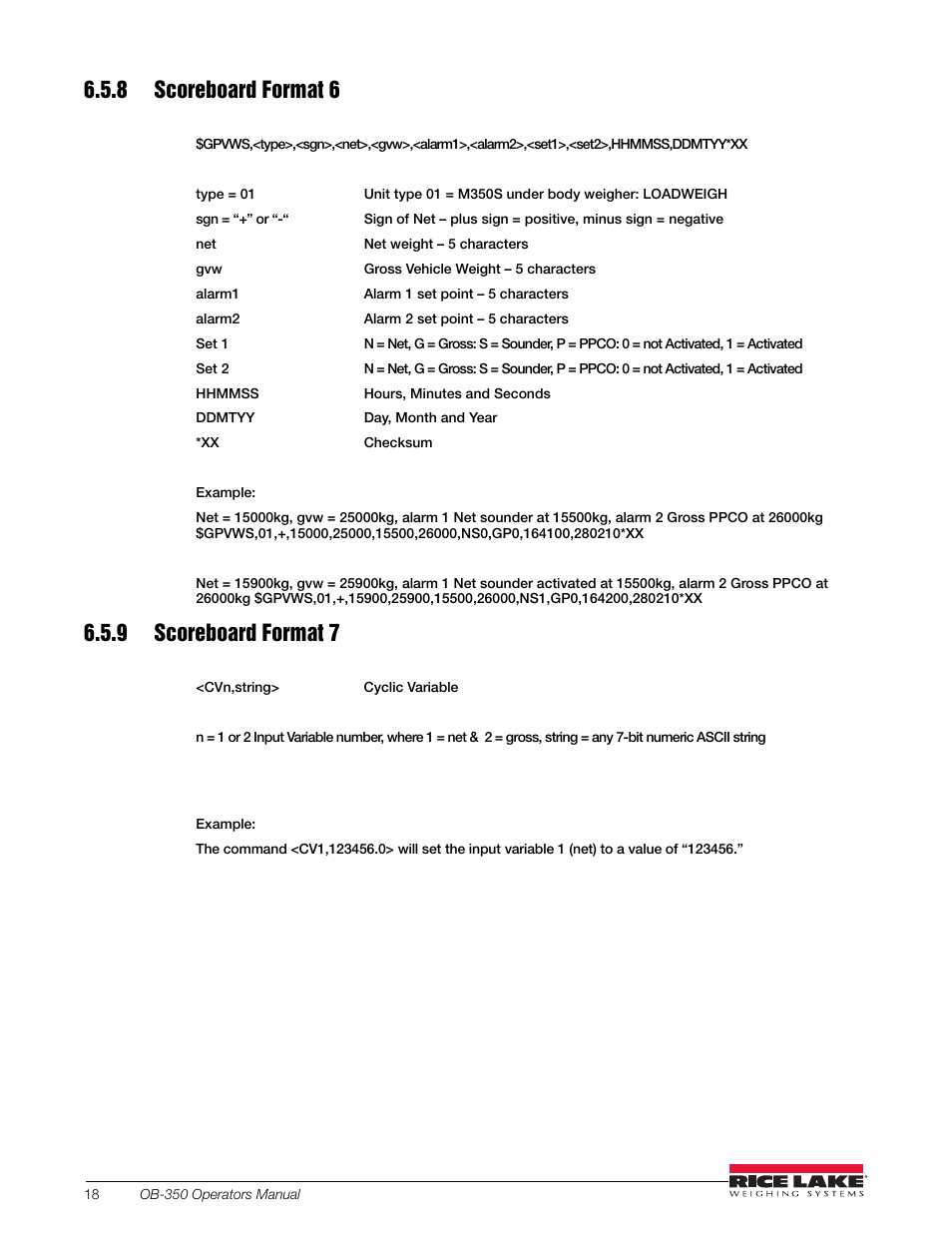 8 scoreboard format 6, 9 scoreboard format 7 | Rice Lake OB-350 Loadrunner Series Onboard Weight Indicator User Manual | Page 22 / 34