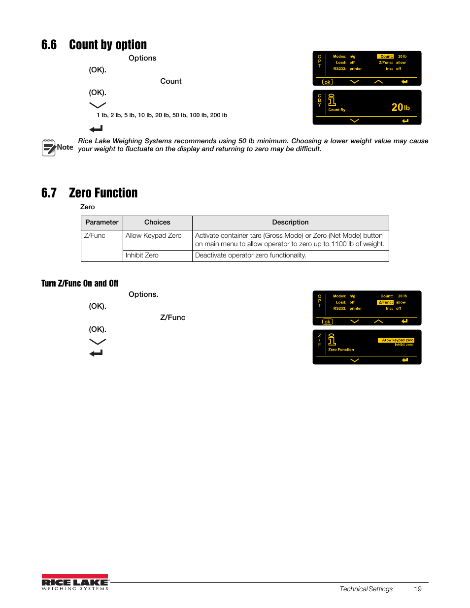 6 count by option, 7 zero function, 6 count by option 6.7 zero function | Rice Lake OB-350 Loadrunner Series Onboard Weight Indicator User Manual | Page 23 / 34