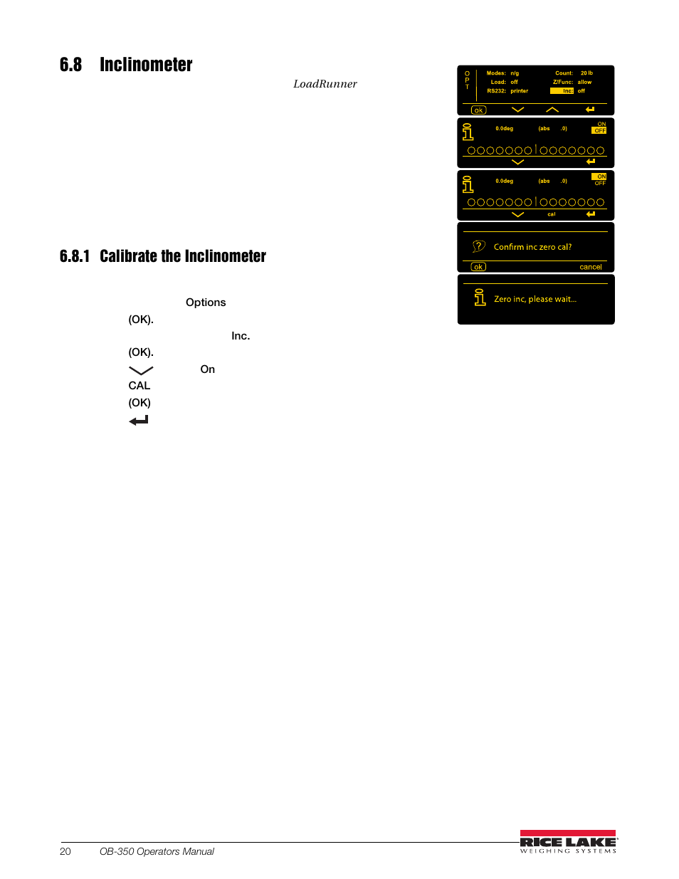 8 inclinometer, 1 calibrate the inclinometer | Rice Lake OB-350 Loadrunner Series Onboard Weight Indicator User Manual | Page 24 / 34