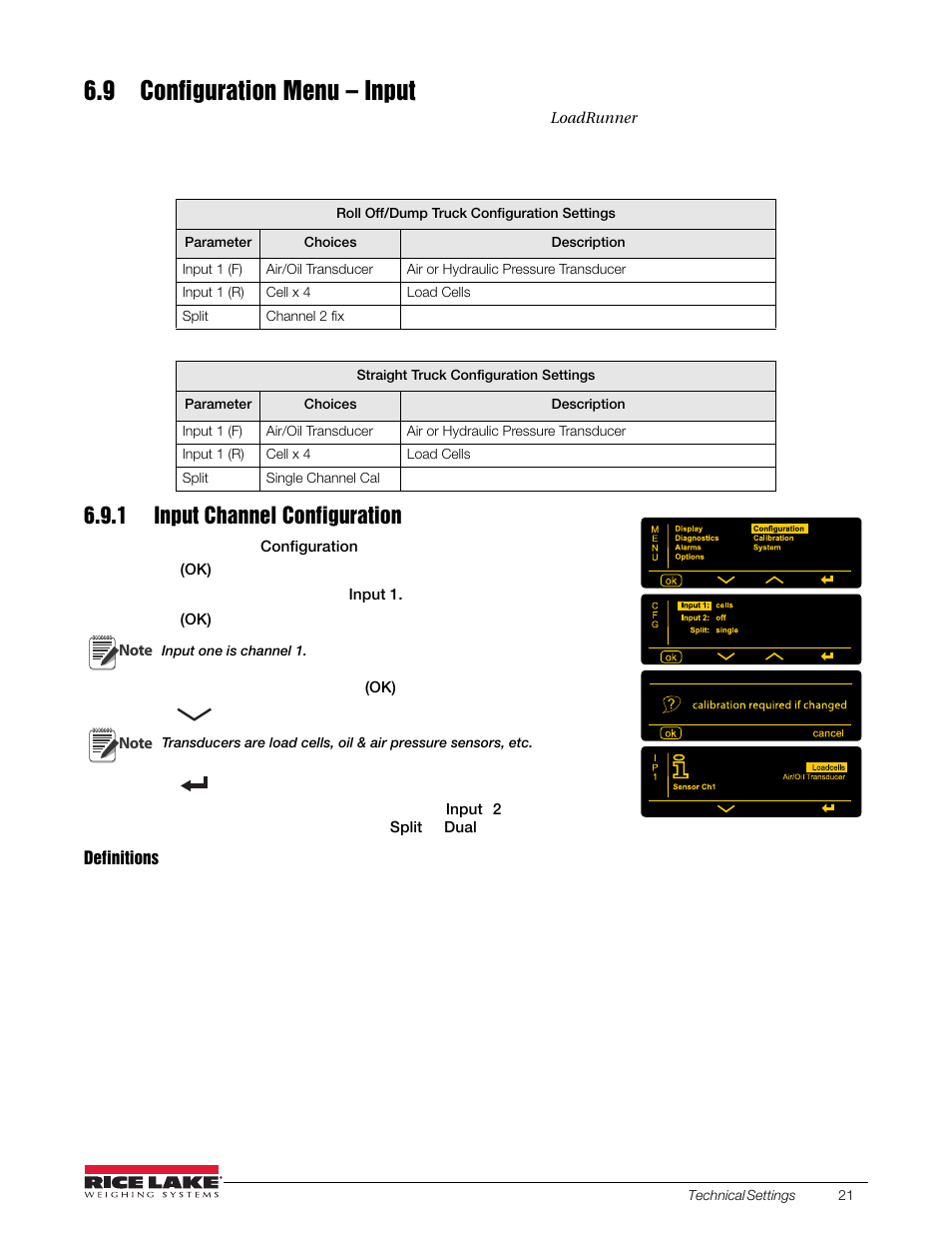 9 configuration menu – input, 1 input channel configuration | Rice Lake OB-350 Loadrunner Series Onboard Weight Indicator User Manual | Page 25 / 34