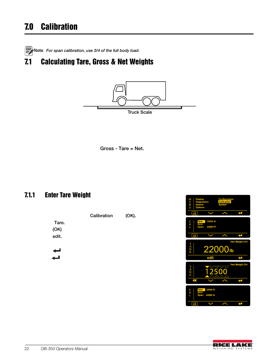 0 calibration, 1 calculating tare, gross & net weights, 1 enter tare weight | Rice Lake OB-350 Loadrunner Series Onboard Weight Indicator User Manual | Page 26 / 34